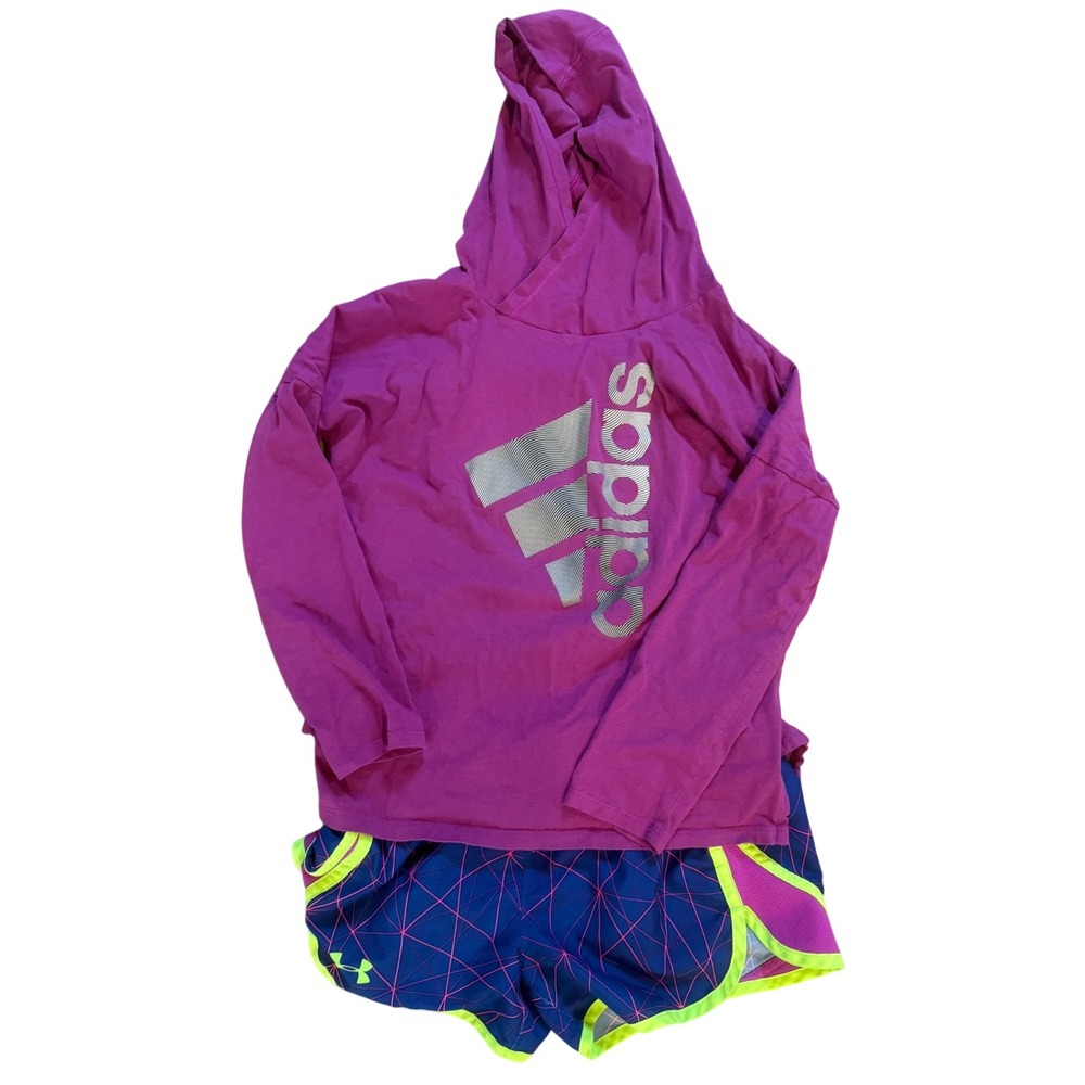Adidas Girls Purple‎ Hoodie & Under Armour Geometric Shorts Set Size M 10/12